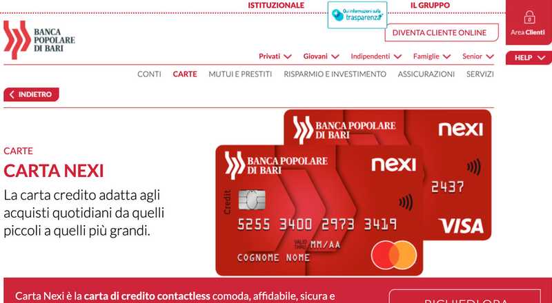 Carta di credito Nexi Banca Popolare di Bari