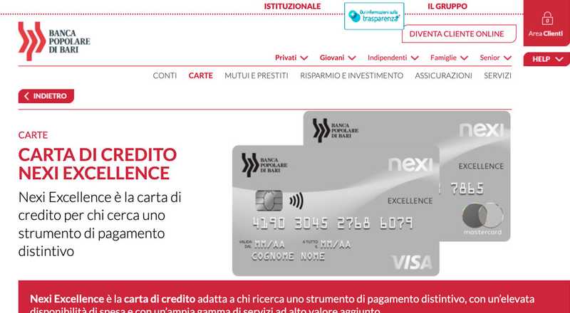 Carta di credito Nexi Excellence Banca Popolare di Bari