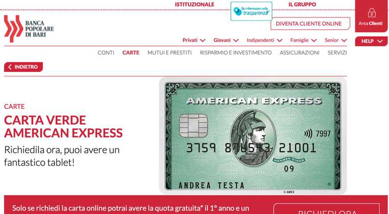 Carta di credito Verde American Express Banca Popolare di Bari