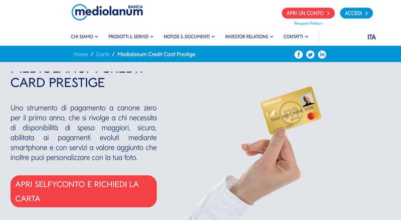 Carta di credito Credit Card Prestige Banca Mediolanum