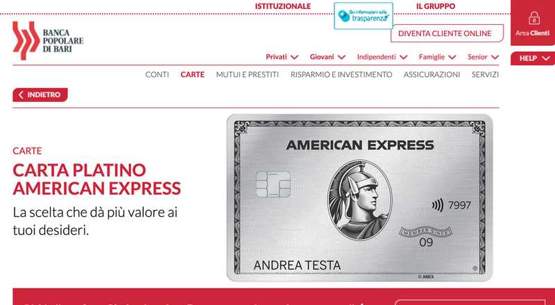 Carta di credito Platino American Express Banca Popolare di Bari