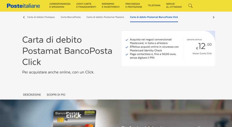 Carta di debito Postamat BancoPosta Click BancoPosta