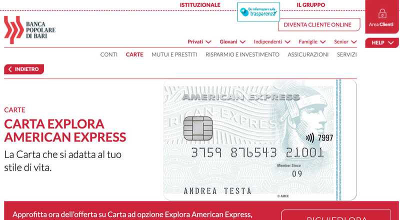 Carta di credito Explora American Express Banca Popolare di Bari