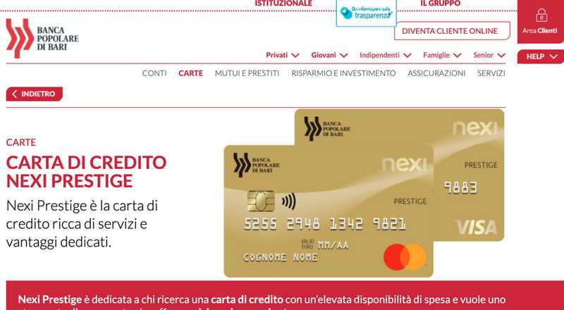 Carta di credito Nexi Prestige Banca Popolare di Bari