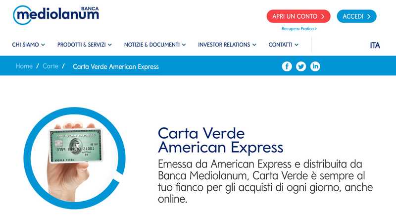 Carta di credito Verde American Express Banca Mediolanum