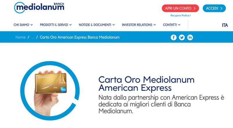 Carta di credito Oro American Express Banca Mediolanum