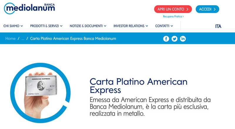 Carta di credito Platino American Express Banca Mediolanum