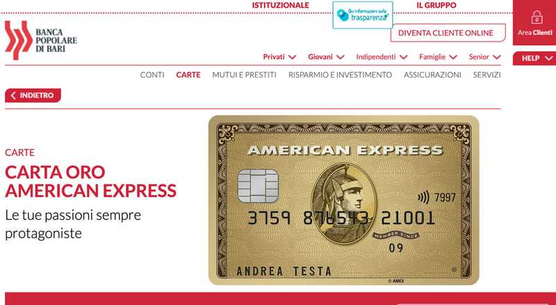 Carta di credito Oro American Express Banca Popolare di Bari